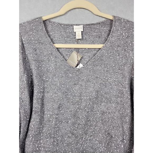 Chico's Samantha Shine Gray Sequined LS V Neck Lace Hem Sweater Women's 4 US 2XL - Picture 3 of 13